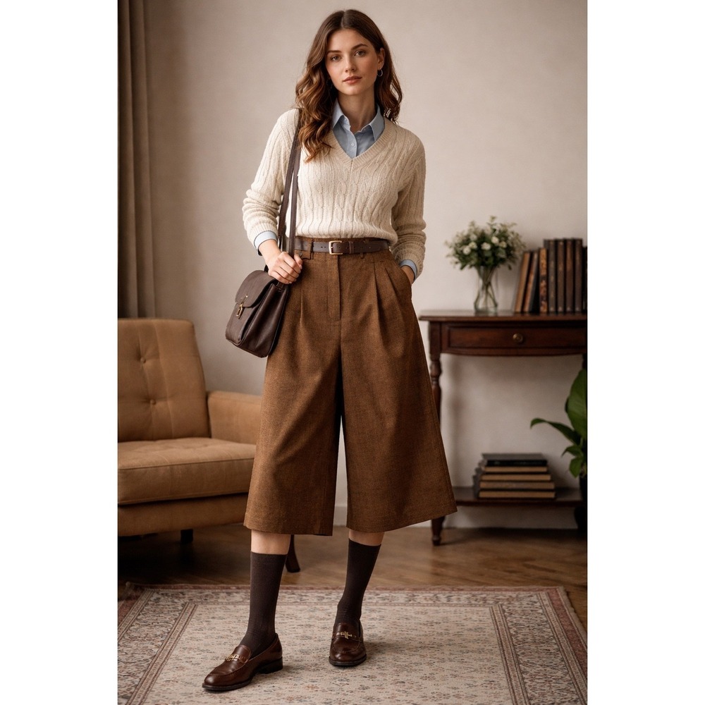 Attic and Barn Tony Pant Brown Micro Houndstooth Wide Leg Culottes IT 42 NWT